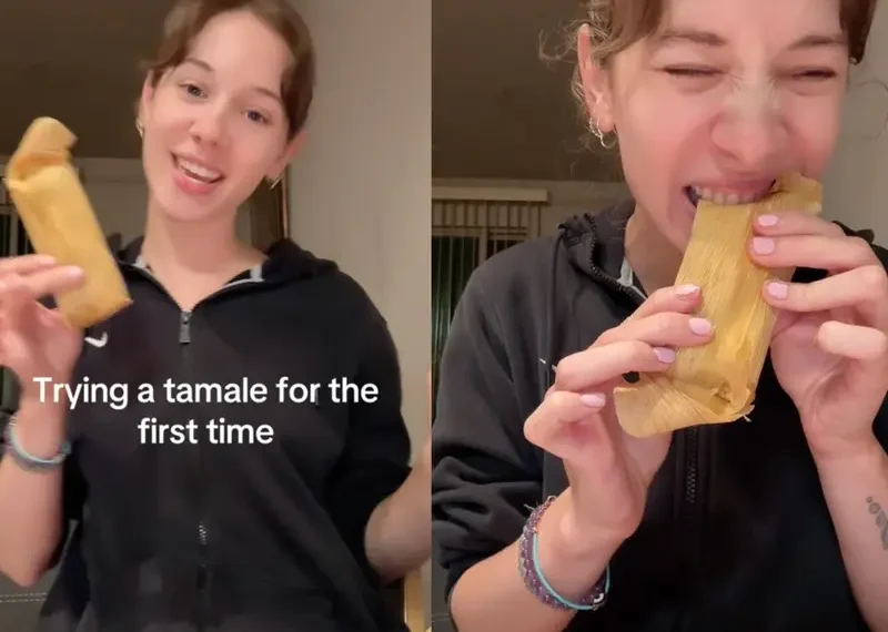 Extranjera prueba tamales por primera vez; se los come con hoja de maíz