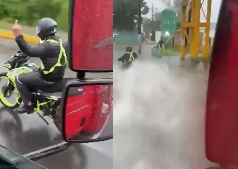 ¡El Venganzas! Trailero moja a motociclista que le hizo seña grosera; aquí el video