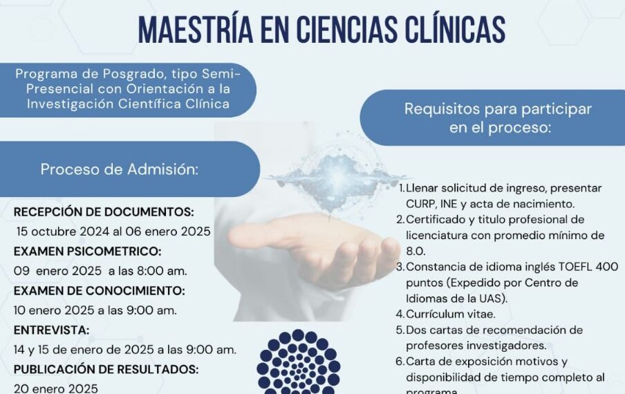 La UAS a través del CIDOCS publica convocatoria para la Maestría en Ciencias Clínicas, programa avalado por CONAHCYT