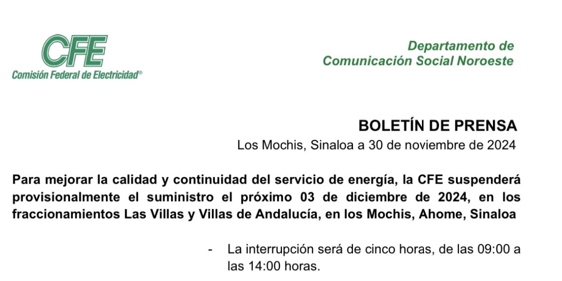 ¡Entérate, La CFE suspenderá el servicio en estos sectores de Los Mochis.