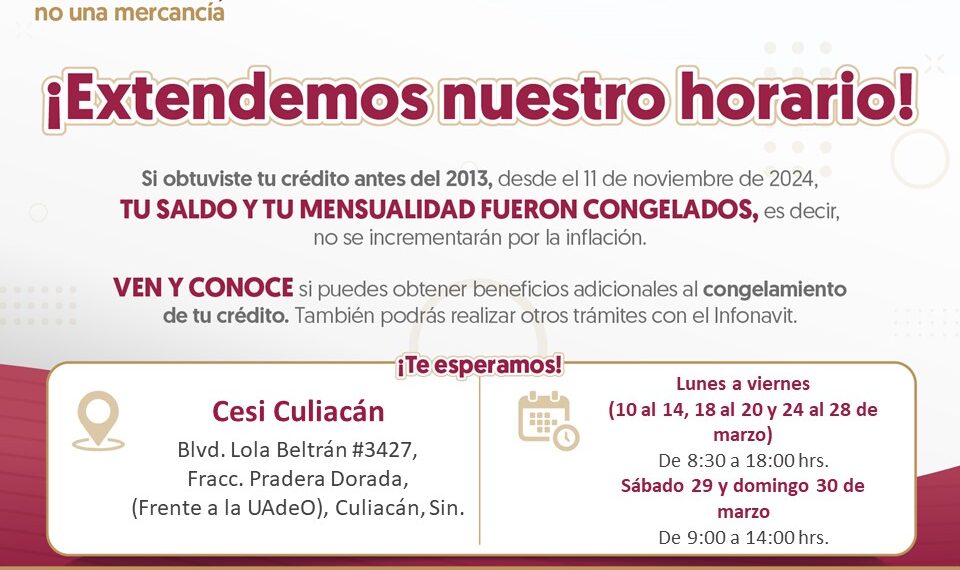 Infonavit realizará extensión de horario en sus oficinas de Sinaloa