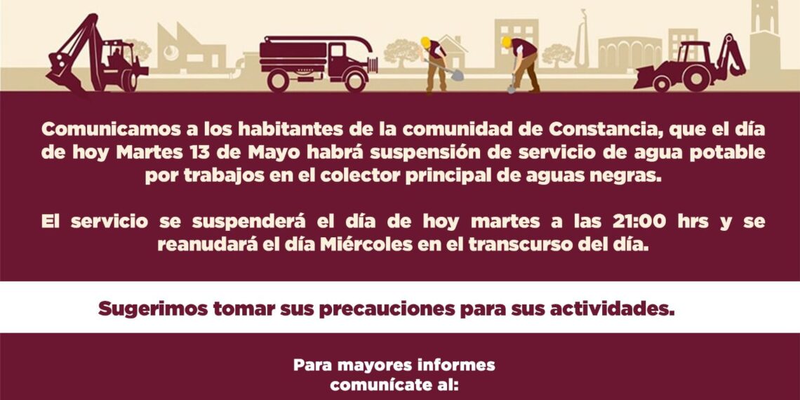 JAPAF informa suspensión de servicio por trabajos de mantenimiento en colector principal en La Constancia