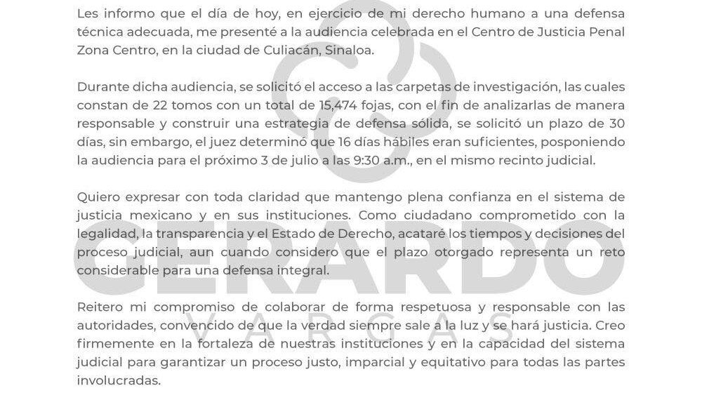 Gerardo Vargas acude a audiencia en Culiacán