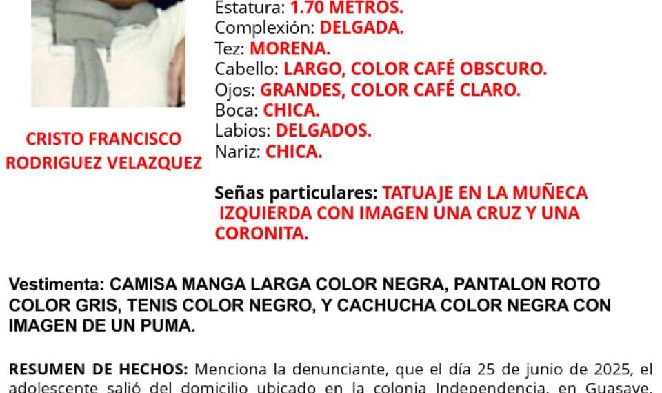 Activan Alerta Amber en Sinaloa por la desaparición de adolescente en Guasave