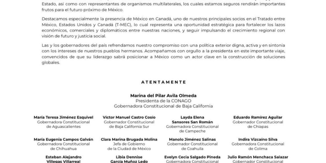 CONAGO respalda participación de la presidenta Claudia Sheinbaum en la Reunión del G7 en Canadá