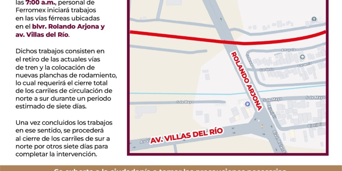 La SSPyTM informa cierre del bulevar Arjona en el cruce con Lola Beltrán por trabajos de Ferromex