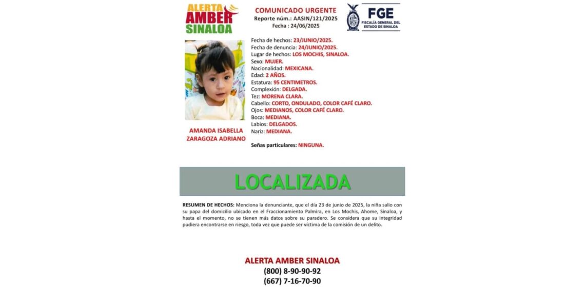 Confirma Vicefiscalía localización de Amanda Isabella, menor desaparecida en Los Mochis