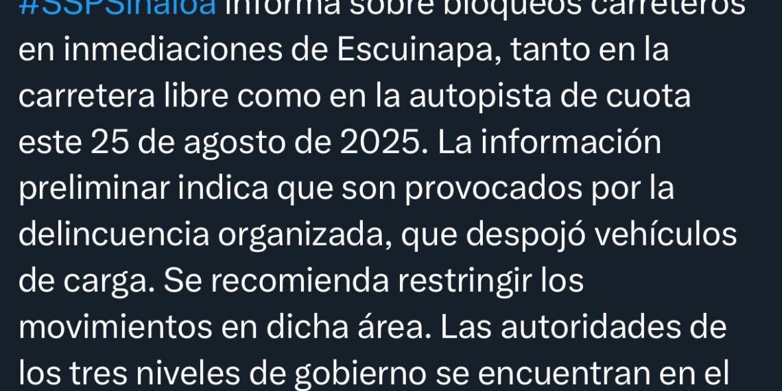 Reportan bloqueos carreteros en Escuinapa; autoridades despliegan operativo
