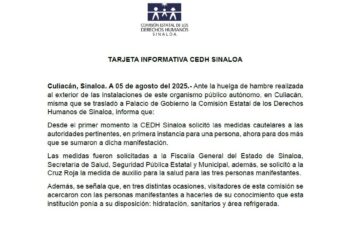 CEDH Sinaloa solicita medidas cautelares y brinda apoyo humanitario a personas en huelga de hambre