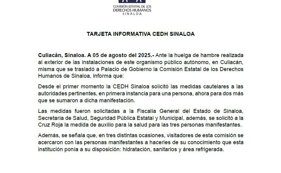 CEDH Sinaloa solicita medidas cautelares y brinda apoyo humanitario a personas en huelga de hambre