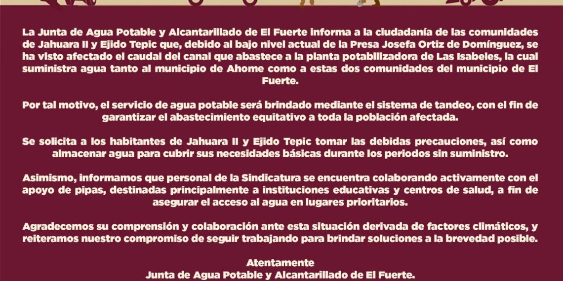 Servicio de agua en Jahuara II y Ejido Tepic será por tandeo debido a bajo nivel en Presa Josefa Ortiz de Domínguez