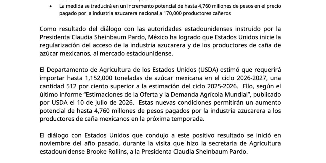 Se recupera el acceso de azúcar mexicana al mercado de EUA