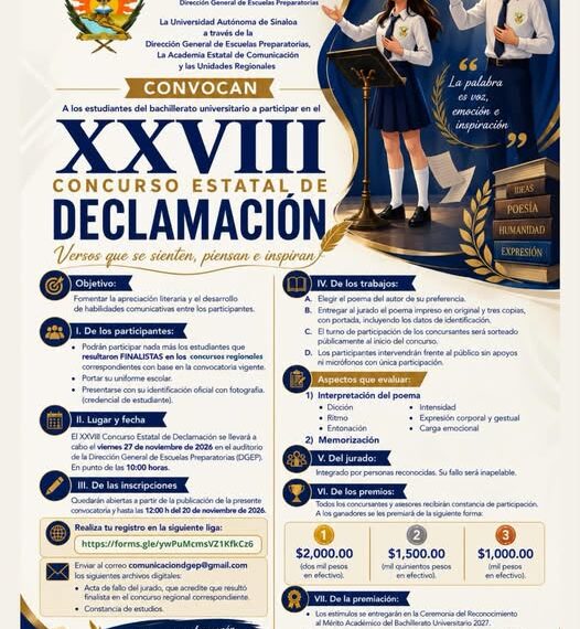 La Universidad Autónoma de Sinaloa convoca al XXVIII Concurso Estatal de Declamación para promover la elocuencia y el pensamiento crítico en el bachillerato