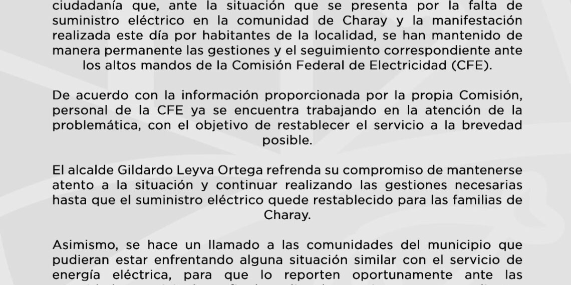 Respecto a la situación de suministro eléctrico en la comunidad de Charay